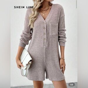 Ribbed V-Neck Button Romper in Taupe